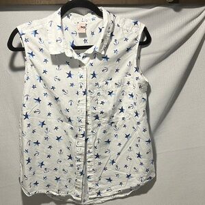 SO White and Blue Star Anchor Print Sleeveless Shirt